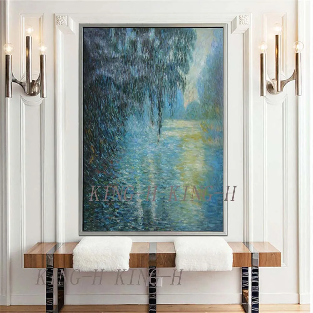 Claude monet painting linen canvas breeding, weeping willow, 100% handmade, free shipping, museum quality, landscape