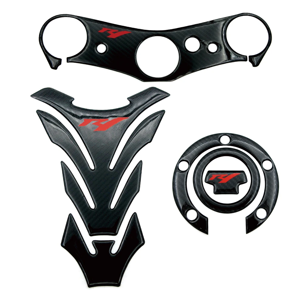 Motorcycle Fuel Tank Pad Protector Decals Gas Cap Cover Triple Clamp Yoke Carbon Fiber Sticker Set For Yamaha YZFR1 R1 2007 2008