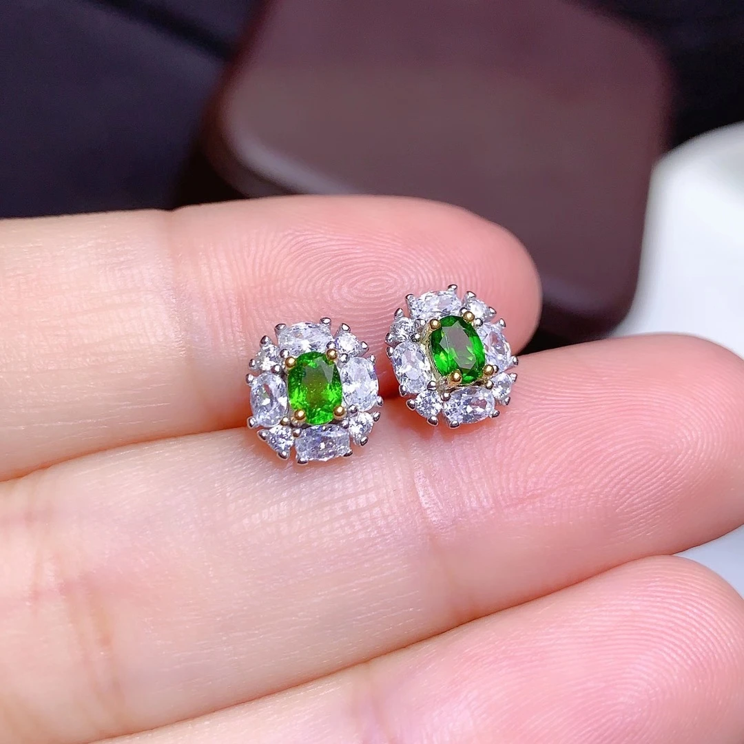 Fine Jewelry 925 Pure Silver Chinese Style Natural Diopside Girl Luxury Classic Oval Gemstone Earrings Ear Stud Marry Party