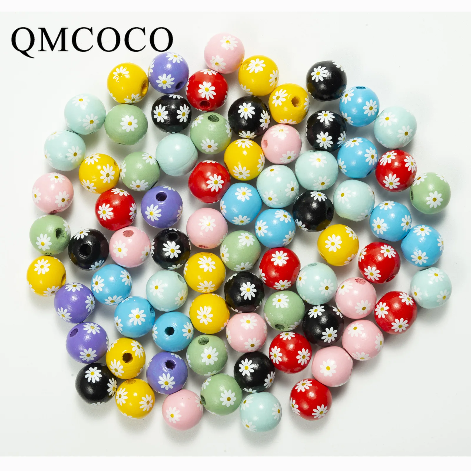 20Pcs/Pack Colorful Printed Daisies Wooden Round Beads DIY Custom Decoration Fashion Crafts Kid Toy Jewelry Bracelet Accessories