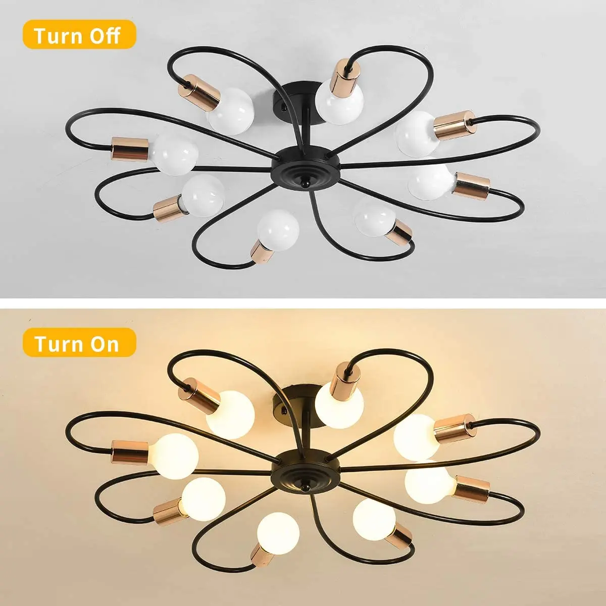 Ganeed lampu langit-langit 8 lampu Semi Flush, lampu gantung Modern Sputnik, lampu liontin logam Abad Pertengahan (hitam & Emas)