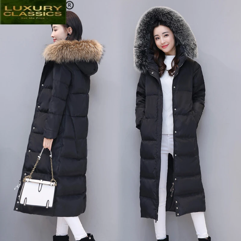 Down Thick Warm Women's Jacket with Large Fox Fur Hooded Korean Winter Duck Down Coat Male Ladies Long Coat Hiver LAN1011