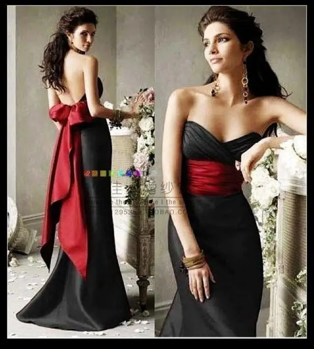 

free shipping 2016 black satin Mermaid new fashion red bow sashes sweetheart sleeveless prom long cheap Bridesmaid Dresses