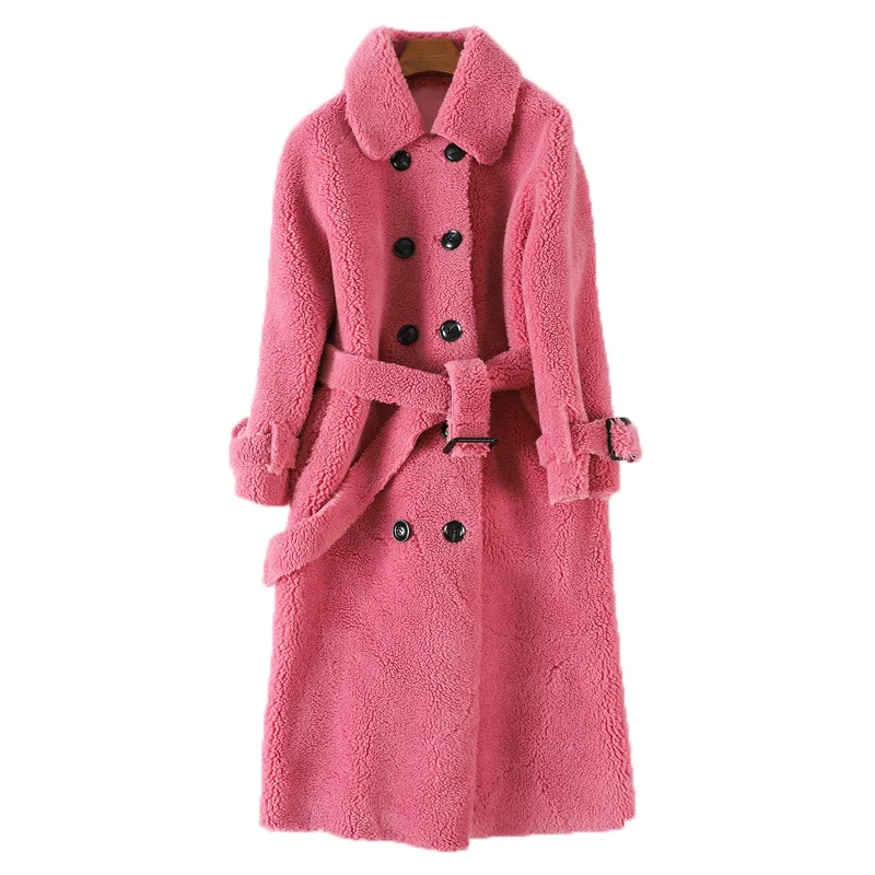 

2023 winter fur coat female sheep shearing long solid color double faced wool fur jacket lapel double breasted belted outerwear