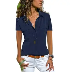 Women Summer Shirt Short Sleeve Turn-down Collar Shirts Lapel Button Pocket Solid Color Casual Blouses Daily Wear Tops