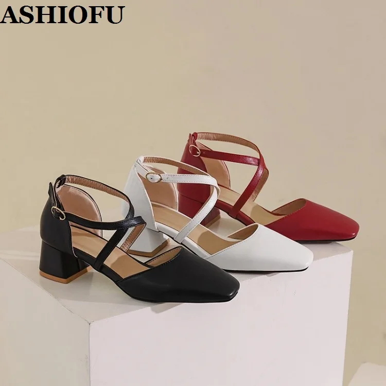 ASHIOFU Handmade Womens Block Heel Sandals Cross-straps Real Pictures Party Prom Large Size Three-colors Fashion Summer Shoes