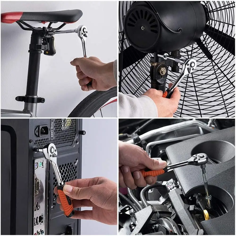 Juego de llaves de tubo de trinquete de 1/4 y 3/8 pulgadas, juego de enchufes de accionamiento, llave de trinquete de CR-V común para bicicleta, motocicleta y coche