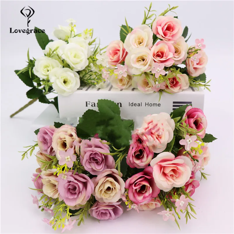 5 zweige Rosen Künstliche Seide Blumen Kleine Köpfe Hochzeit Bouquet Flores Rosen für Wohnkultur Gefälschte Blumen Im Freien Hintergrund