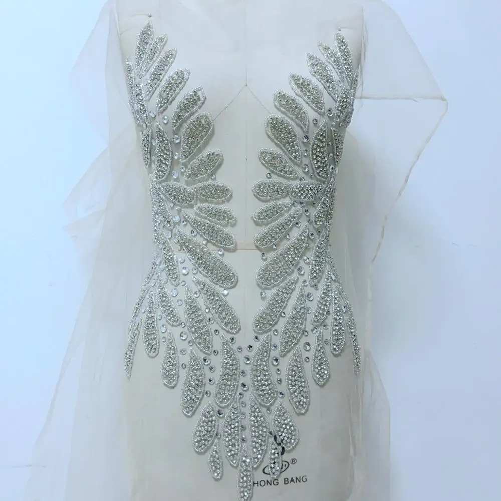 Handmade glass rhinestones applique on nude mesh  silver sew on crystal trim patches full body for dress