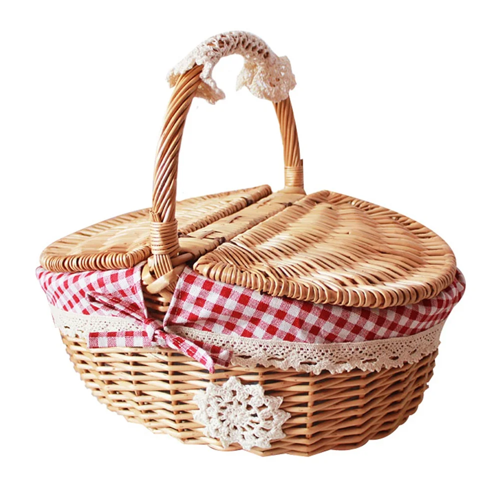 Wicker Willow Woven Picnic Basket Hamper as Shopping Bag with Lid and Handle Camping Picnic Shopping Food Fruit Picnic Baskets