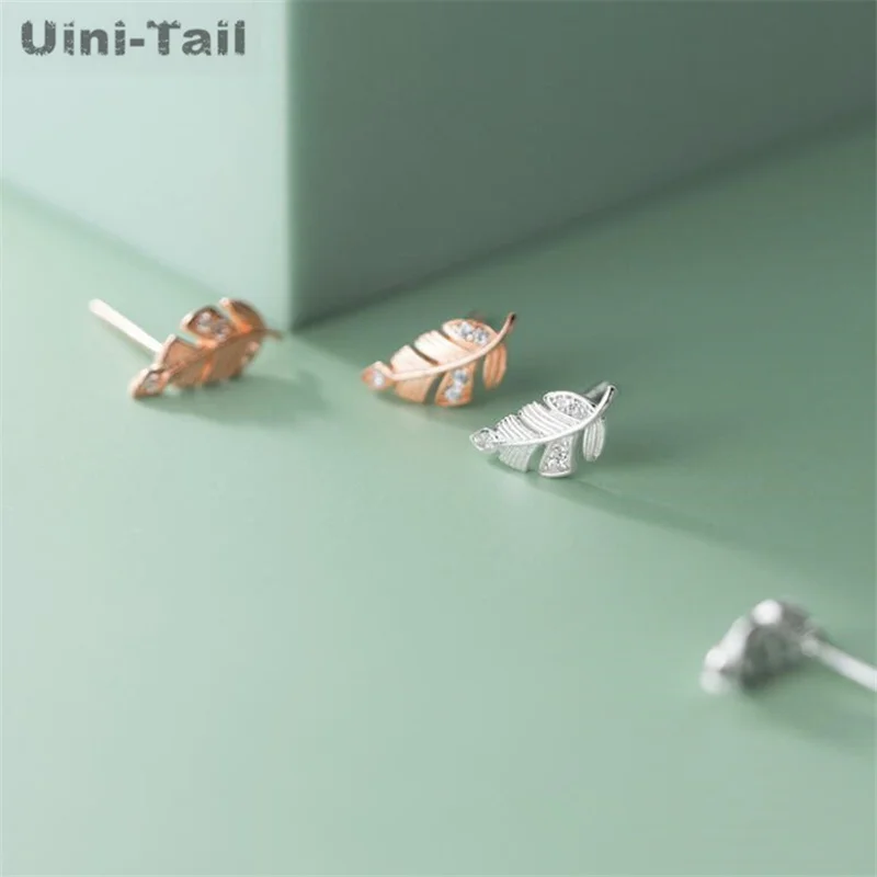 Uini-Tail hot new 925 Tibetan silver small leaf earrings fashion dynamic trend sweet romantic high-quality girl jewelry JK216