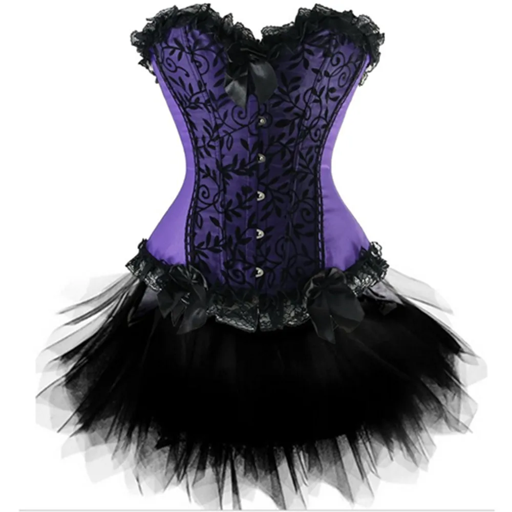 Women Burlesque Dancer Overbust Corset Bustier Top With Mini TuTu Skirt Fancy Dresses Costume Sexy Gothic Corsets Dress