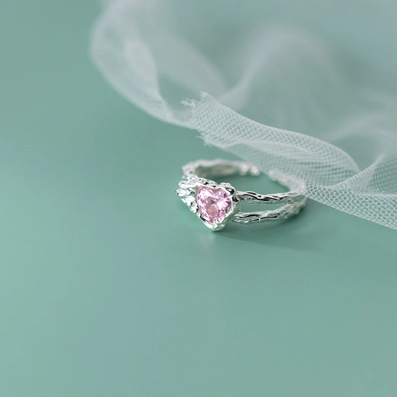 

Ring For Women 925 Sterling Silver Heart Gift For Valentine's Pink Cubic Zirconia Shiny Love Engagement Wedding Band Eternity