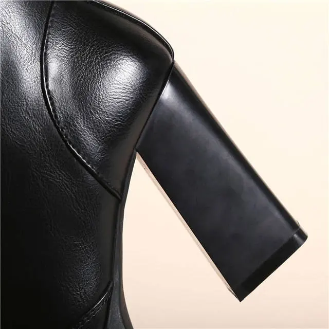 New Women Boots Ankle PU Leather Lace Up Booties High Heels Autumn Shoes Black Winter Boots Add Velvet Keep Warm Pointed Toe