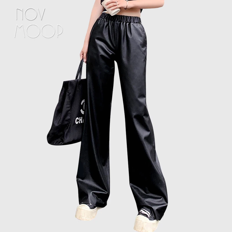 

Novmoop sheepskin genuine leather women long pants wide leg openning loose elastic waistband Pantalons en cuir LT3551