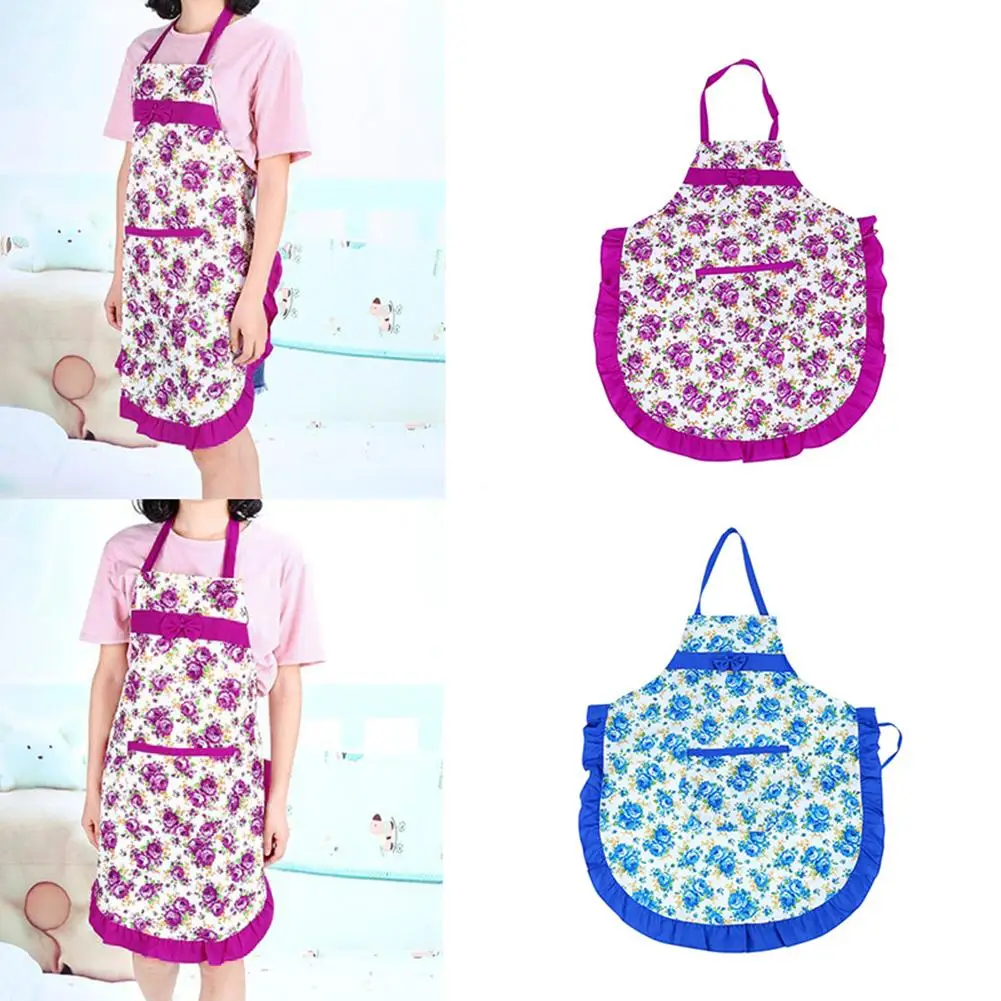 Women Bib Floral Print Bowknot Kitchen Restaurant Cooking Pocket Dress Apron Kitchen Apron Dress Restaurant Home