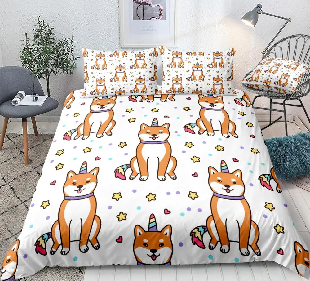 Shiba Inu Duvet Cover Set Cartoon Dog Bedding Set for Kids Pet in Unicorn Bedclothes Puppy White Home Textile Drop ship