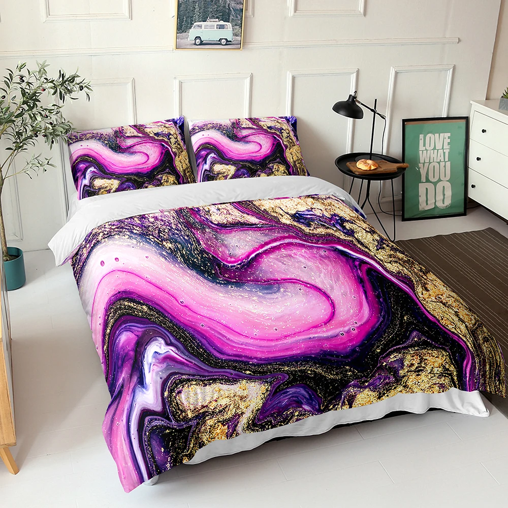 Colorful Marble Print Bedding Set Gold Pink White Black Duvet Cover Pillowcases King Queen Size Abstract Nordic Bed Linen 2/3pc