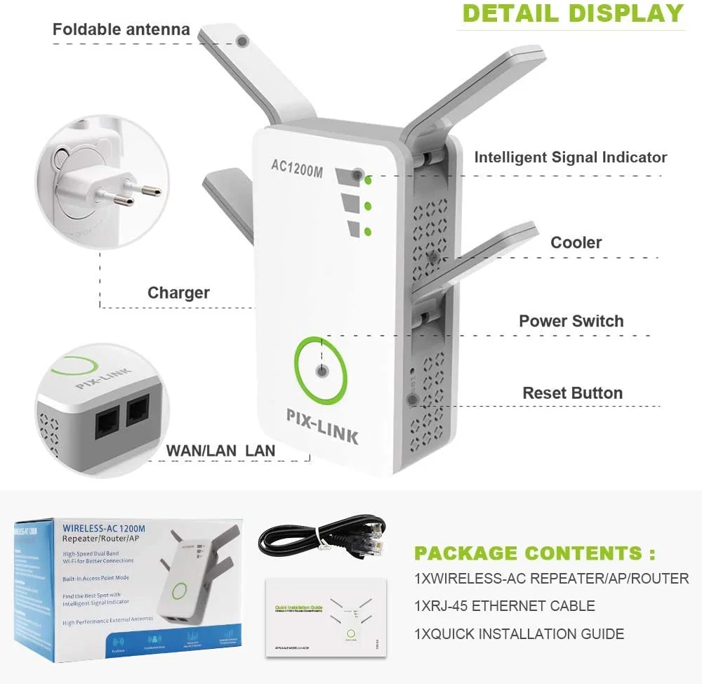 

WiFi Range Extender Wireless Repeater 1200Mbps Wi-Fi Extender Internet Signal Booster Fast 4 External Antennas Full Coverage