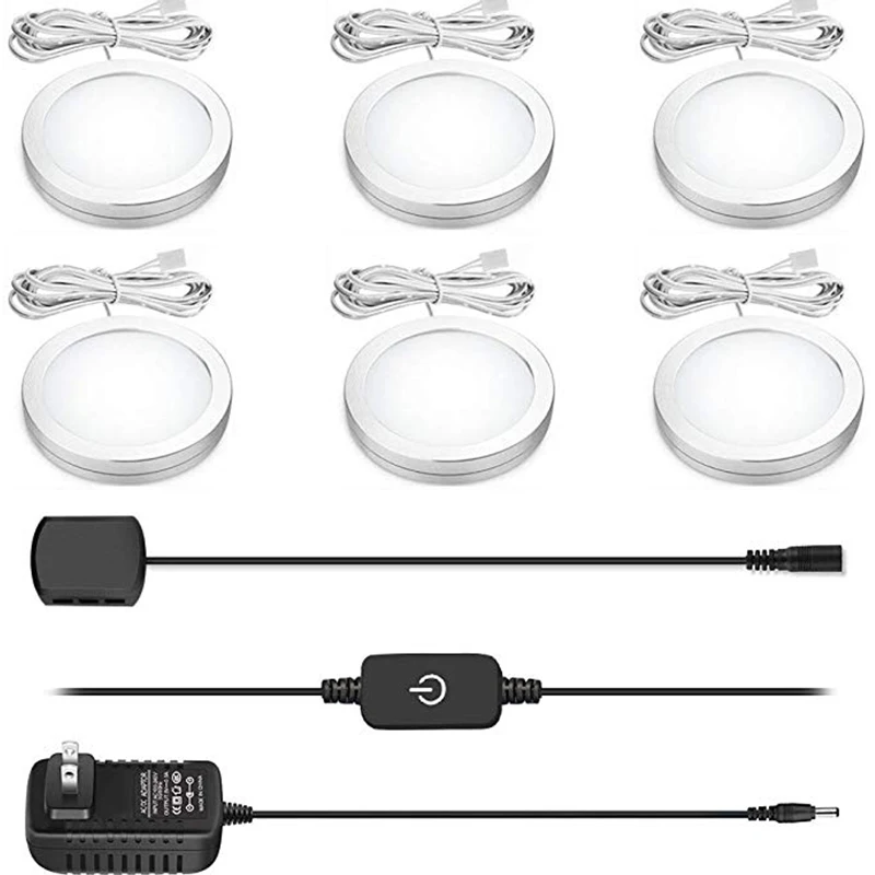 6pack(6*2W) LED Puck Light with Touch Dimmer silver color LED Ultra Thin Under Cabinet Puck Lights for Kitchen, Shelf, Cupboard