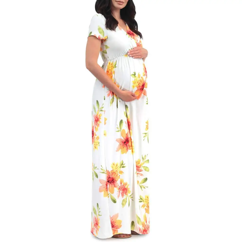 Women\'s Maternity Dresses Short Sleeve Leaf Print Dress Pregnancy Sundress Women Pregnants Fashion Soft Polyester Dresses S-XL