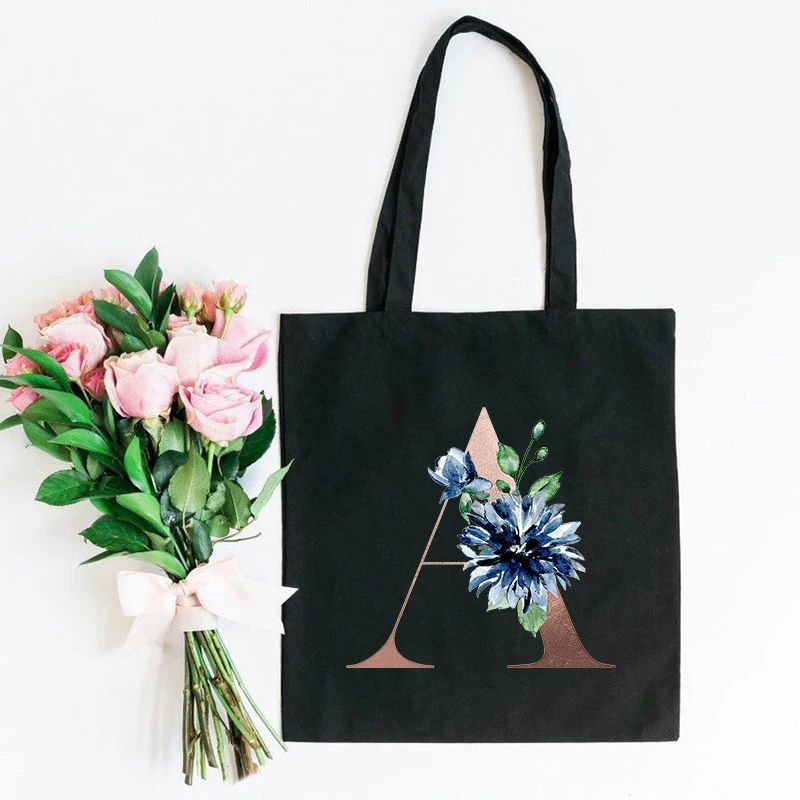 26 Alphabet Letter Canvas Tote Shoulder Bag A To Z Alphabet Combination Flowers Fabric Cotton Cloth Reusable Shopping Bags