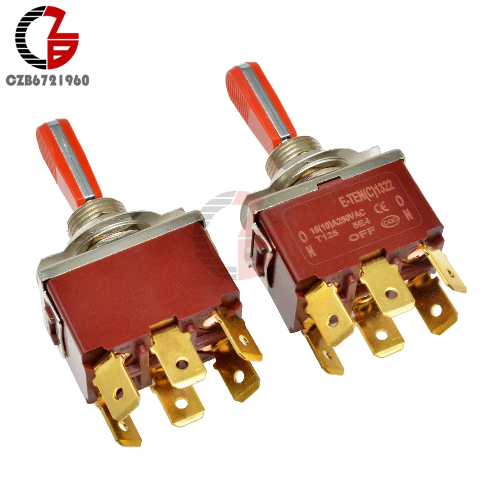 E-TEN(C) 1322 Red Shaft Toggle Switch 31.5*19.5MM Red 6Pin On-Off-On Switch Silver Contactor 250V 16A for Car Speaker PC