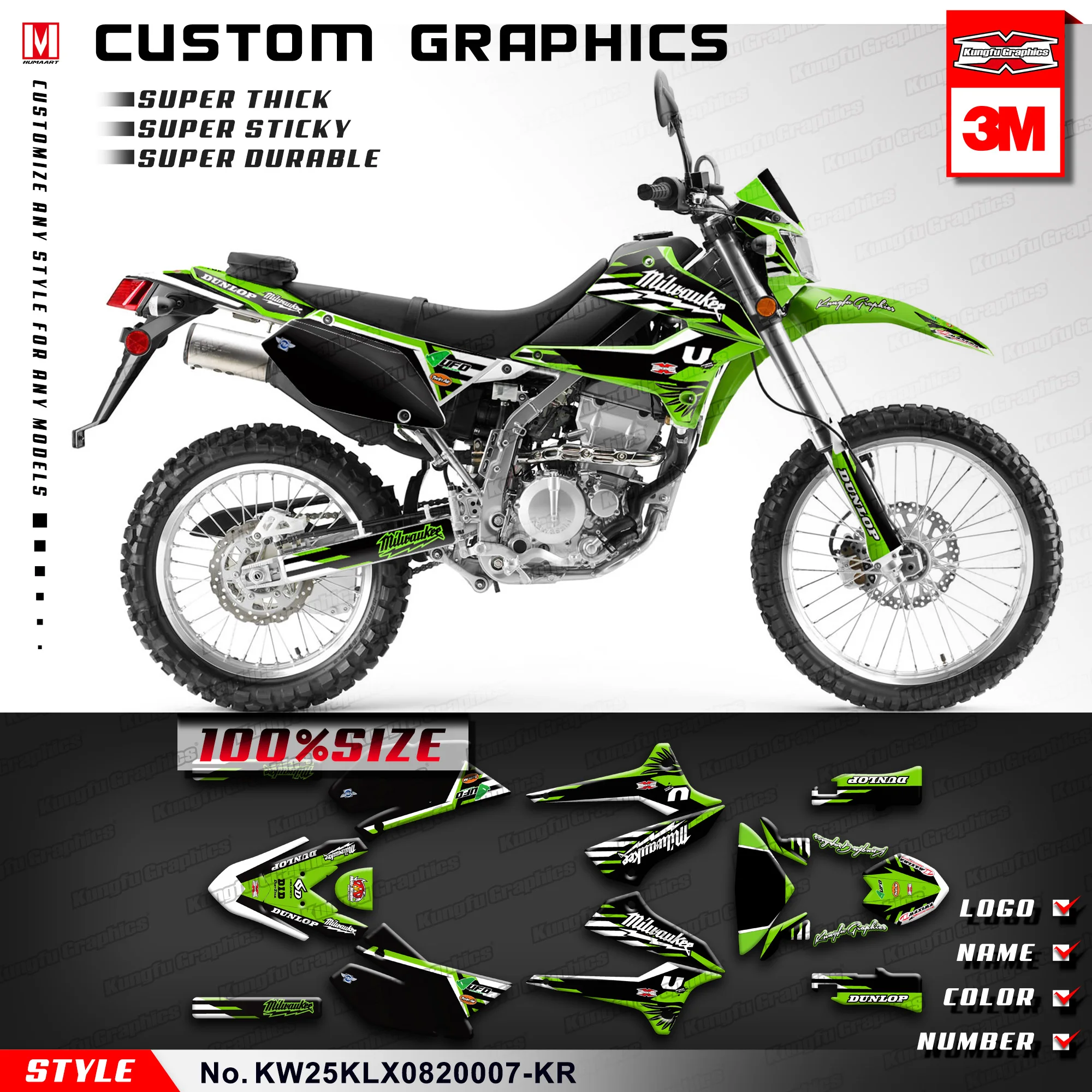 

KUNGFU GRAPHICS Decals Sticker Kit for Kawasaki KLX250S D-Tracker X Final Edition 2008 2009 2010 2011 2012 2013-2022 Black