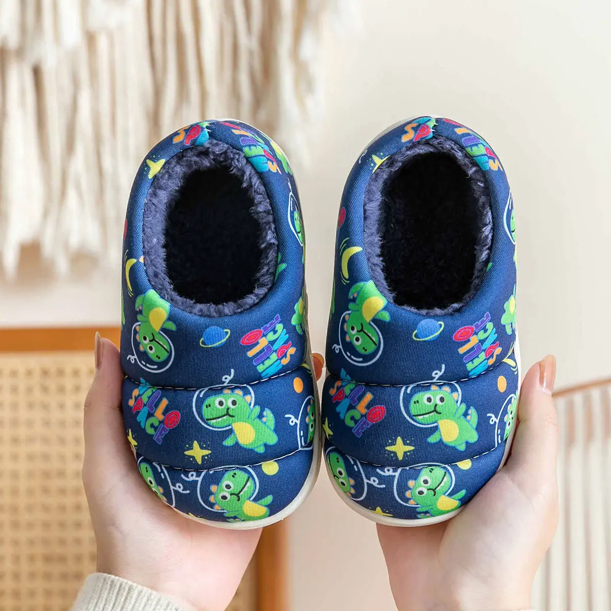 Cartoon Dinosaur Print Children Cotton Slippers Autumn Winter Warm Princess Baby Boys Girl Women Men Indoor Bedroom Home Shoes