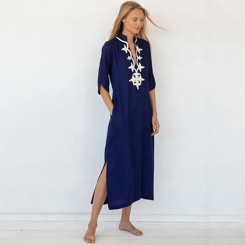 네이비 레트로 자수 긴 Kaftan 여성 비키니 커버, 빈티지 술 여름 드레스 비치웨어 수영복 커버 업