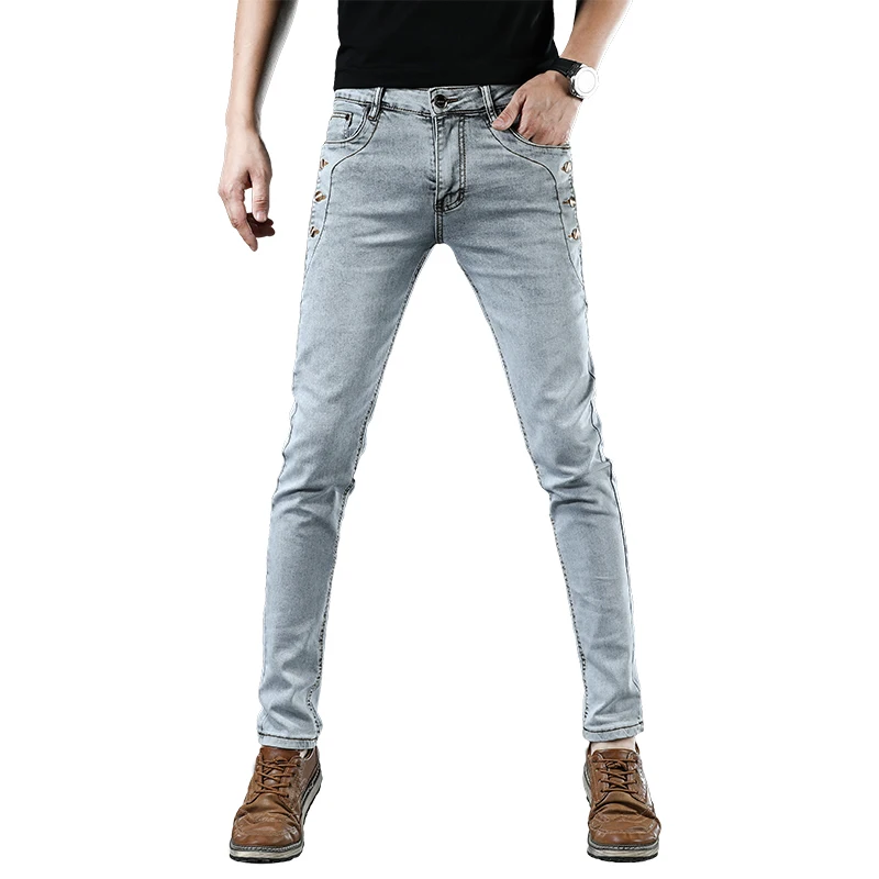 Calça jeans masculina, calça jeans de marca da moda com bolso de botão, para ocasião casual, slim, de algodão, azul claro, cinza escuro, de