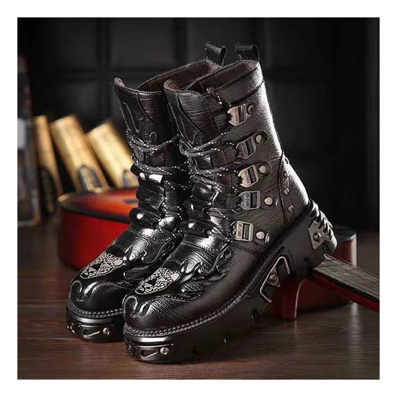 New Retro Gothic Punk Men's Genuine Leather Motorcycle Boots Platform Rubber Boots Warm Mid-Calf Tactical Combat Boots Fashion47