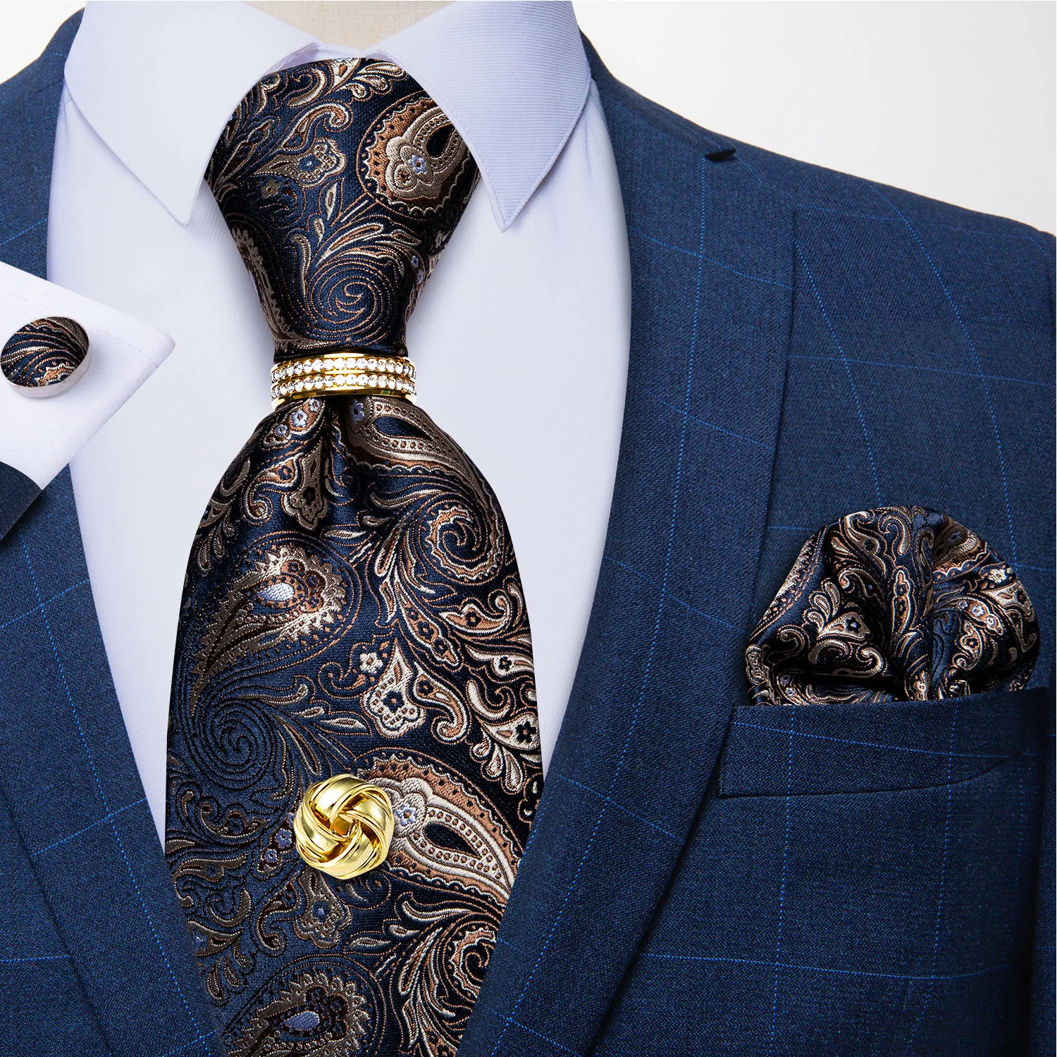 

Luxury Brown Paisley Blue Ties For Men Business Wedding Neck Tie Gold Tie Ring Tie Tack With Chain 8cm Silk Tie Set Gfit DiBanGu