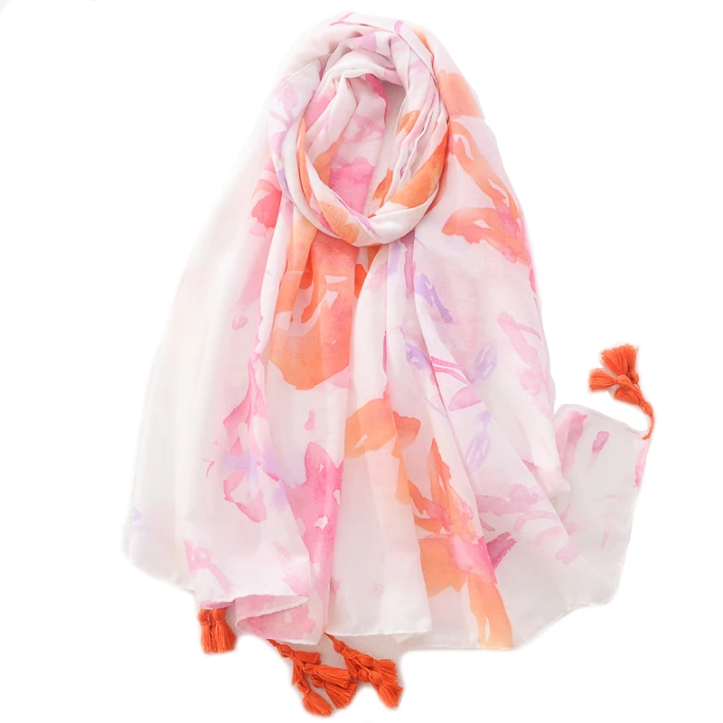 

2022 Cotton Ombre Flower Print Tassel Scarf Shawls Long Women Floral Head Wrap Hijab Scarves Free Shipping