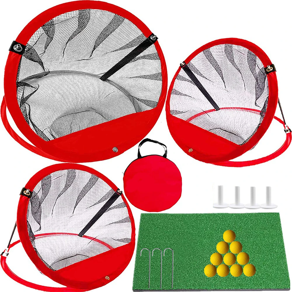 

3in1 Golf Chipping Practice Net With Mat Set Indoor Outdoor Hitting Nets Use Pop Up Net Target Mat Rubber Tees Foam Balls