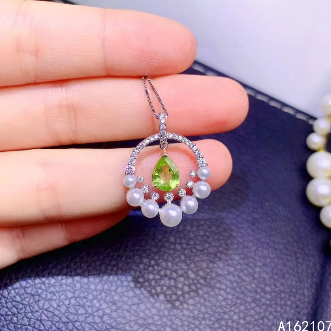 

Exquisite Jewelry 925 Sterling Silver Girl Luxury Fashion Pearl Water Drop Gem Natural Peridot Pendant Necklace support detectio