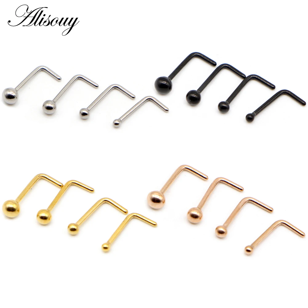 Alisouy 1PC Nose Studs Ball Round Nose Rings L-Shape Gold Color Nostril Stainless Steel Nose Piercing Body Jewelry For Women