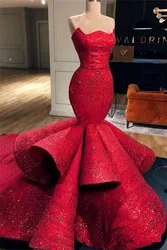 Romantic Red Mermaid Sweetheart Satin Formal Evening Dresses 2024 New Lace Sequins Long Prom Dresses Pageant Gowns