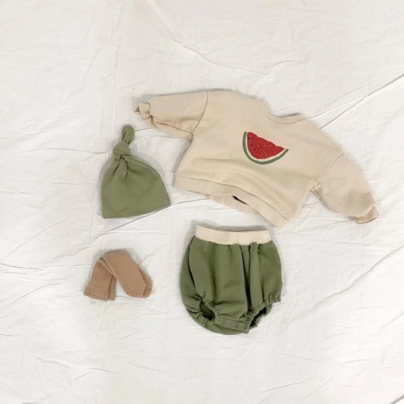 

Baby Clothes Set Unisex Korean Style Long Sleeve Jumper And Bloomer With Hat 3pcs 0-2Year