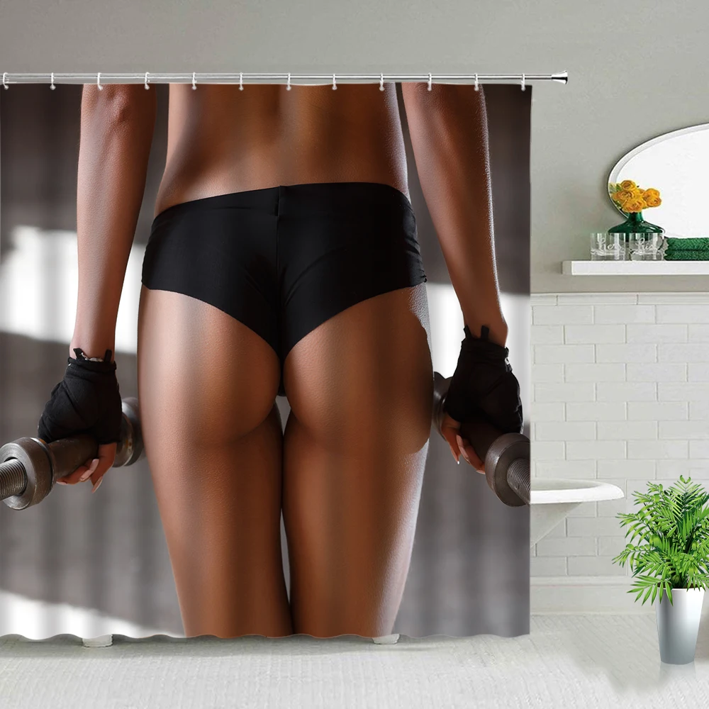 Bathtub Decor Shower Curtains Sexy Fitness Man And Woman Good Body Shape Gym 3d Printing Waterproof Fabric Bathroom Curtain Set