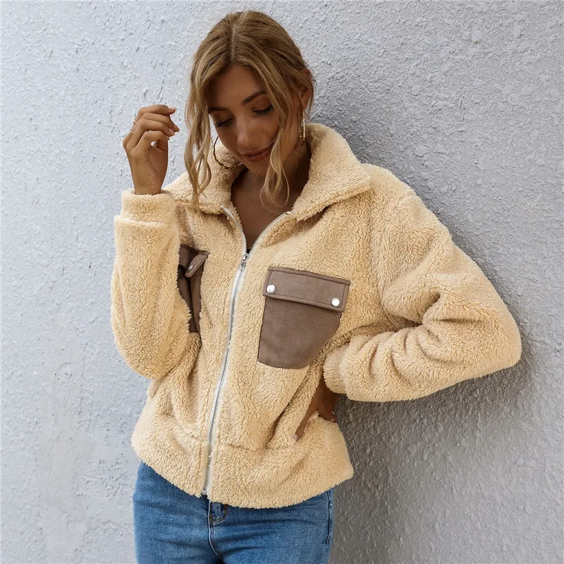 Vs & llwq outono inverno feminino elegante casaco de pele do falso quente macio com zíper casaco de pele feminino casaco de pelúcia bolso casual teddy outwear