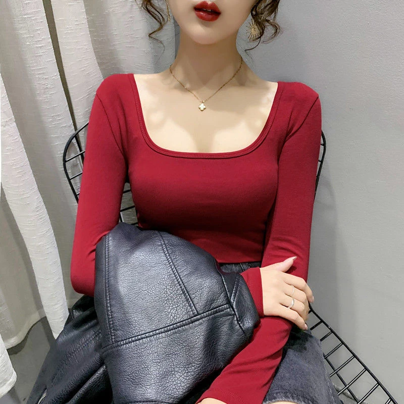 Maglietta tunica da donna Vintage manica lunga francese 2021 autunno nuova clavicola esposto Sexy top Slim moda semplicità abiti Harajuku