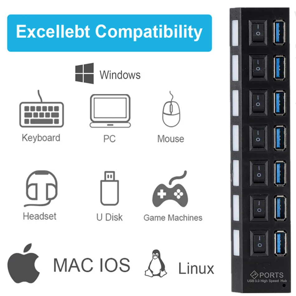 USB 3.0 Hub USB Hub 3.0 USB Splitter 3 Hab ใช้อะแดปเตอร์ 7 พอร์ตหลาย Expander 2.0 USB3 Hub พร้อมสวิตช์สําหรับ PC