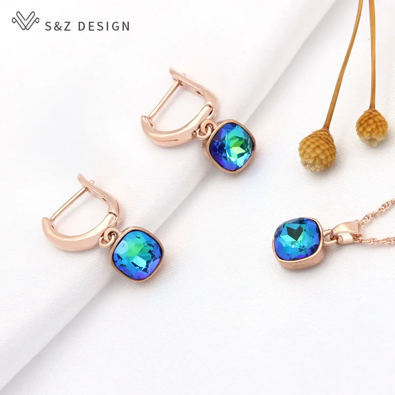 S&Z DESIGN New Trendy Square Crystal Dangle Earrings Pendant Necklace Jewelry Sets For Women Fashion Temperament Jewelry Gift