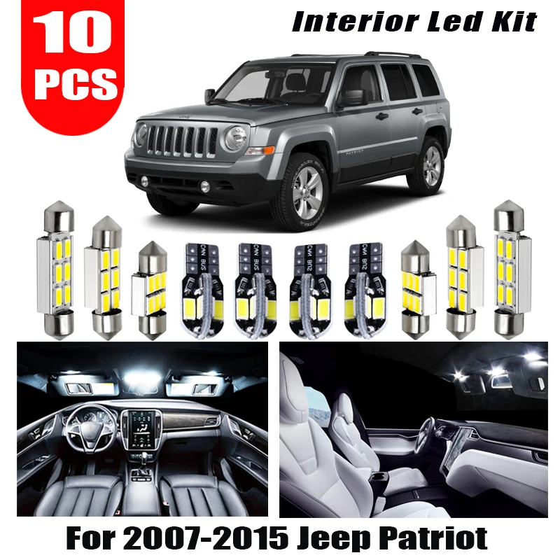 10pcs Canbus Error Free LED Light Bulb Kit Package for 2007-2015 Jeep Patriot 12V Interior Map Dome Trunk License Light