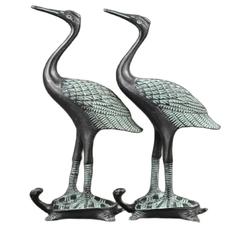 

Old Collectible Copper Carving Red Crowned Crane Step On The Turtle Pair Statue