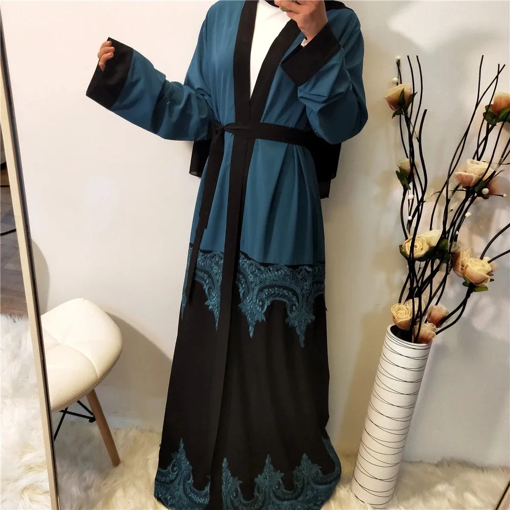 

Open Kimono Cardigan For Muslim Women Abaya Middle East Arab Dubai Islam Robe Femme Fashion Lace Splicing Belted Loose Caftans