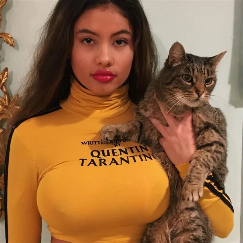 2024 Fashion Quentin Tarantino Sexy Crop Tops Women Side Stripe Long Sleeve Turtleneck Cotton Knitted Short tshirt Lady