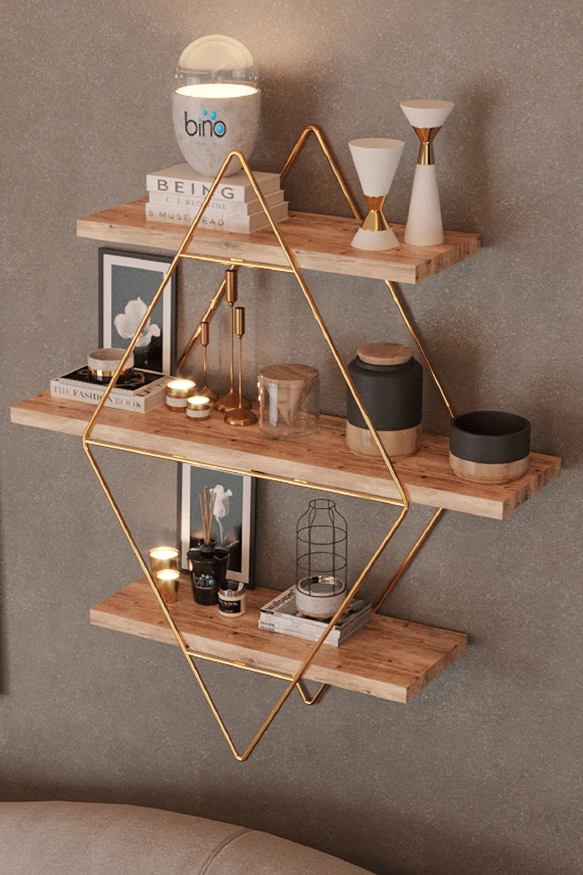 Functional Natural Wood Gold Color Large Size Prism Solid Wall Shelf Table Organizer Kitchen-Bath Shelf Bookshelf Living Roo