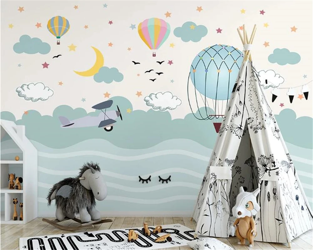 Custom Wallpaper photo Nordic hand-painted cartoon hot air balloon starry sky children\'s room background wall Mural 3d wallpaper